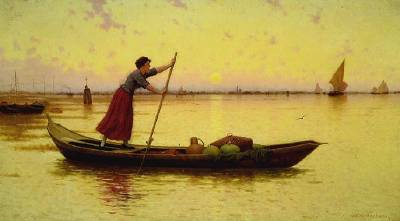 Walter Blackman : European Scene of a Girl Poling a Boat