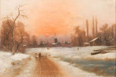 Niels Christiansen : Paysage de neige au couchant.