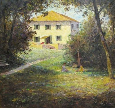 Joseph Klarl : Blick auf eine sonnenbeschienene Villa im Tessin