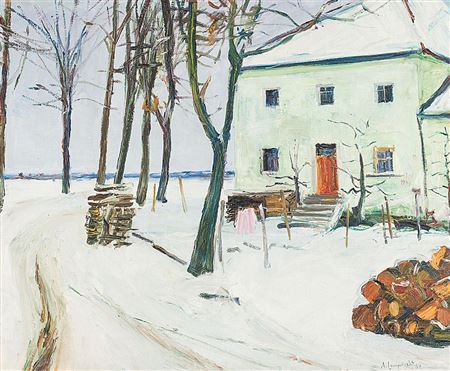 Anton Lamprecht : Grünes Gehöft in winterlicher Landschaft