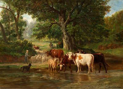 James Desvarreux-Larpenteur : CATTLE AND SHEEP FORDING A RIVER