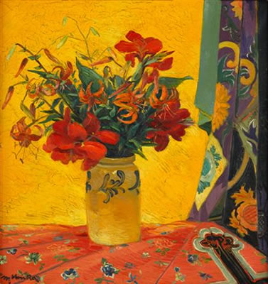 Maximilian Vanka : STILL LIFE OF FLOWERS AGAINST A YELLOW DRAPE