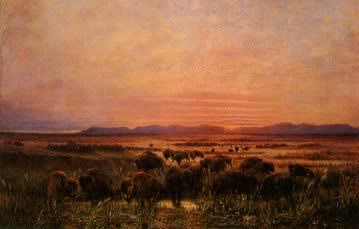 Eugene Frank : Buffalo Grazing At Sunset