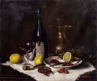 Adriano Gajoni : Natura morta con vino e frutti di mare - 1937