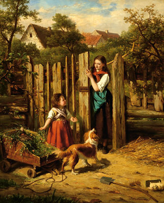 Jan Walraven : A playing girl with her dog on a farm yard