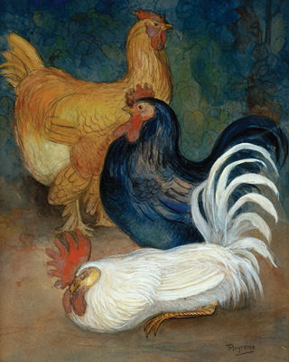 Theodoor Van Hoytema : Two hens and a rooster