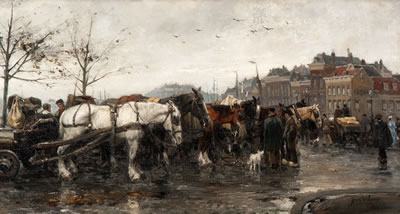 August Willem Van Voorden : Workhorses with carts at de Boompjes, Rotterdam