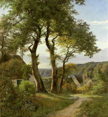 Axel Thorsen Schovelin : Abendstimmung über einem dänischen Dorf in hügeliger Landschaft.