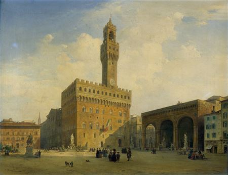 Albert Emil Kirchner : Städtisches Treiben auf der Piazza della Signoria mit Palazzo Vecchio und Loggia dei Lanzi in Florenz.