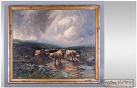 Wilton Morley : Highland Cattle Wading Through A Brook, with a storm in the skys above depicting in Grey Hues