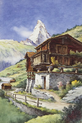 Ulrich Gutersohn : Landschaft mit Häusern und dem Matterhorn im Hintergrund