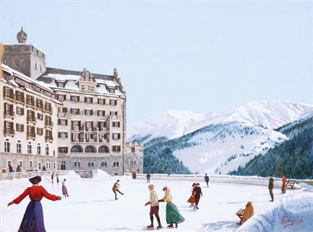 Carlo Pellegrini Jr : Schlittschuläufer vor einem Grand Hotel in St. Moritz