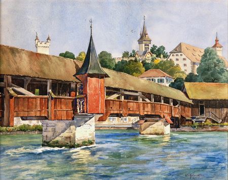 Ulrich Gutersohn : Luzerner Ansicht mit Blick über die Spreuerbrücke auf die Museggmauer