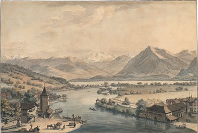 Johann Ludwig Aberli : Blick auf Thun, die Aare, auf die Schadau und die Alpen