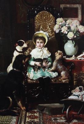 Charles Trevor Garland : 'Doddy and her pets'; a portrait of the daughter of J. Rolls Hoare Esq, artist label verso