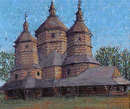 Liuboslav Hutsaliuk : Carpathian Wooden Church in a Landscape