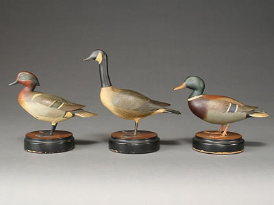 George Reinbold : Three 1/3 size carvings: A Canada goose, greenwing teal drake and mallard drake