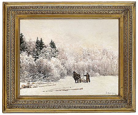 Jakob Gloersen : Timber driving in winter landscape (1884)