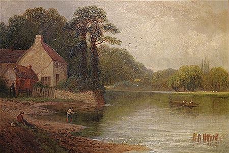 Charles Leaver Shaw : A view on the Trent, with a farmstead and fishermen on the river bank, rowing boat in the mid ground