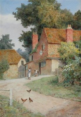 Thomas Nicholson Tyndale : A COTTAGE SCENE WITH FIGURES AND CHICKENS