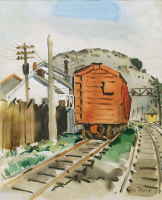 George Booth Root Post : Hillside with Railroad Tracks and Caboose