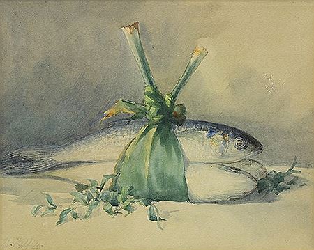 Helen Whitney Kelley : Still Life with Fish Wrapped in Leeks