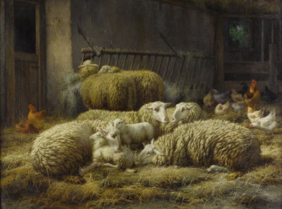 Eugene Remy Maes : Sheep And Chickens in a Barn