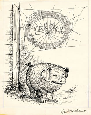 Garth Montgomery Williams : There Was the Handsome Pig, and Over Him, Woven Neatly in Block Letters, Was the Word TERRIFIC, Charlotte's Web, Page 95 illustration, 1952