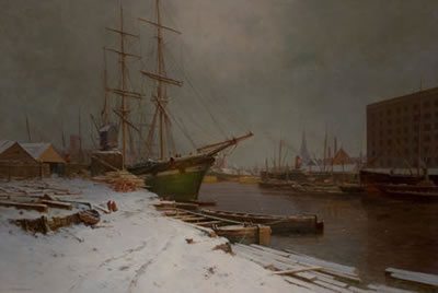 Charles Brooke Branwhite : London Harbor in the Snow