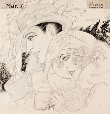 Dorothy Flack : Couple in a Wind Storm, calendar illustration