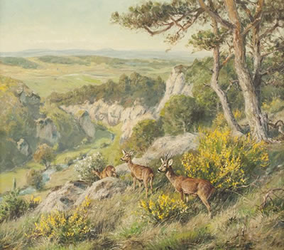 Wilhelm Buddenberg : Rehe in weiter Gebirgslandschaft