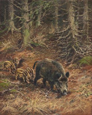 Wilhelm Buddenberg : Wildschwein-Bache mit ihren Frischlingen