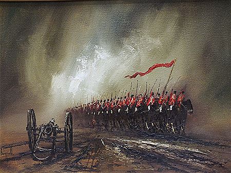 John Bampfield : Military procession, with soldiers on horseback holding a red banner, passing a cannon