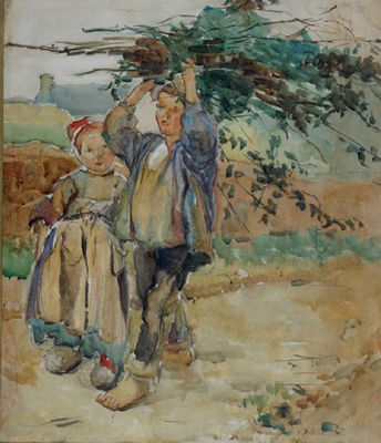 Alice Schille : Young Dutch Girl and Boy Carrying Brush