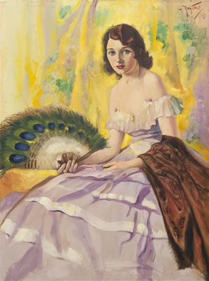 Josef Nuyttens : Portrait of a Lady Holding a Peacock Fan, 1929