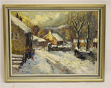 Valter Walter Berzins : Snowscene with Farmstead, Figure in the Foreground