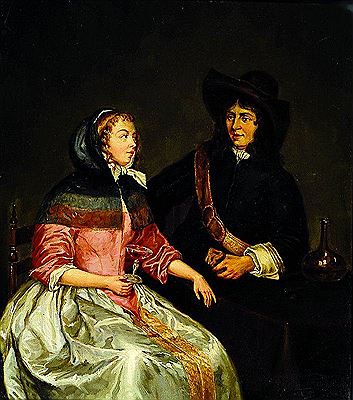 Wilhelm August Schiebeck : Interior with noble pair, after old Flemish antetype