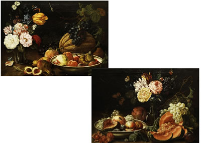 Johann Amandus Winck : Gemäldepaar AND FRÜCHTESTILLEBEN MIT BLUMEN UND INSEKTEN