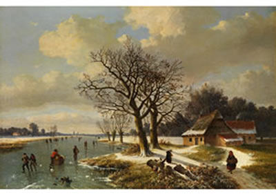 Louis Pierre Verwee : EISVERGNÜGEN IN NIEDERLÄNDISCHER POLDERLANDSCHAFT