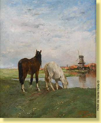 Alfred Jacques Verwee : Chevaux s'abreuvant devant un moulin