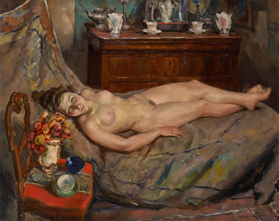 Laszlo De Nagy : Young girl lying naked.