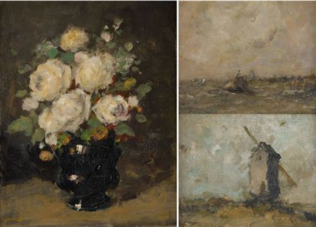 Jules (Julius) Brouwers : 'Marine', 'Moulin à vent' and 'Vase fleuri de roses blanches' (3)