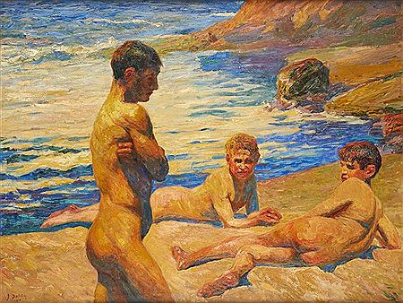 Jean Joseph Delvin : Trois enfants à la plage