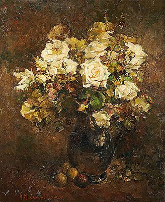 Andree Marissal-Calberg : Vase fleuri de roses blanches