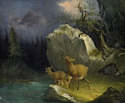 Joseph Heicke : Rehe am Gebirgsbach