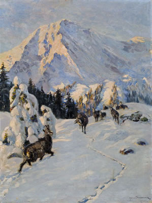 Carl Ritter von Dombrowski : Gämsen in winterlicher Gebirgslandschaft