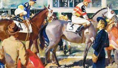 Pruett Carter : Story illustration: Woman speaking to jockey amount -- Kentucky Derby