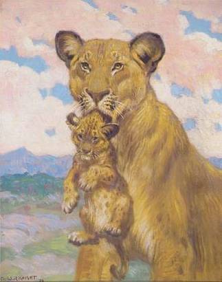 Charles Robert Knight : Painting: Mother lion carrying cub