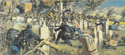 Robert Fawcett : Raging battle in cemetary