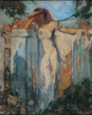 Guy Hoff : Likely magazine cover: Woman in white leaning on fence